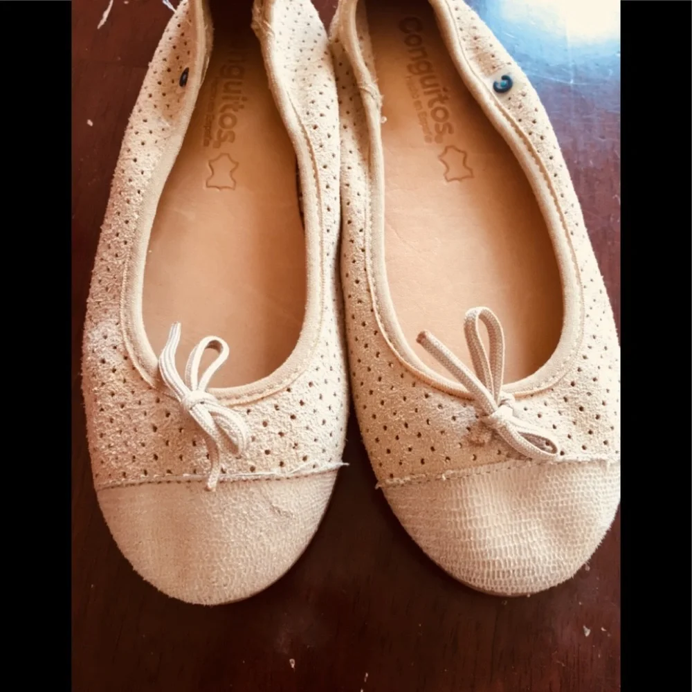 Girls Beige Ballet Flats - Perforated Bow Detail